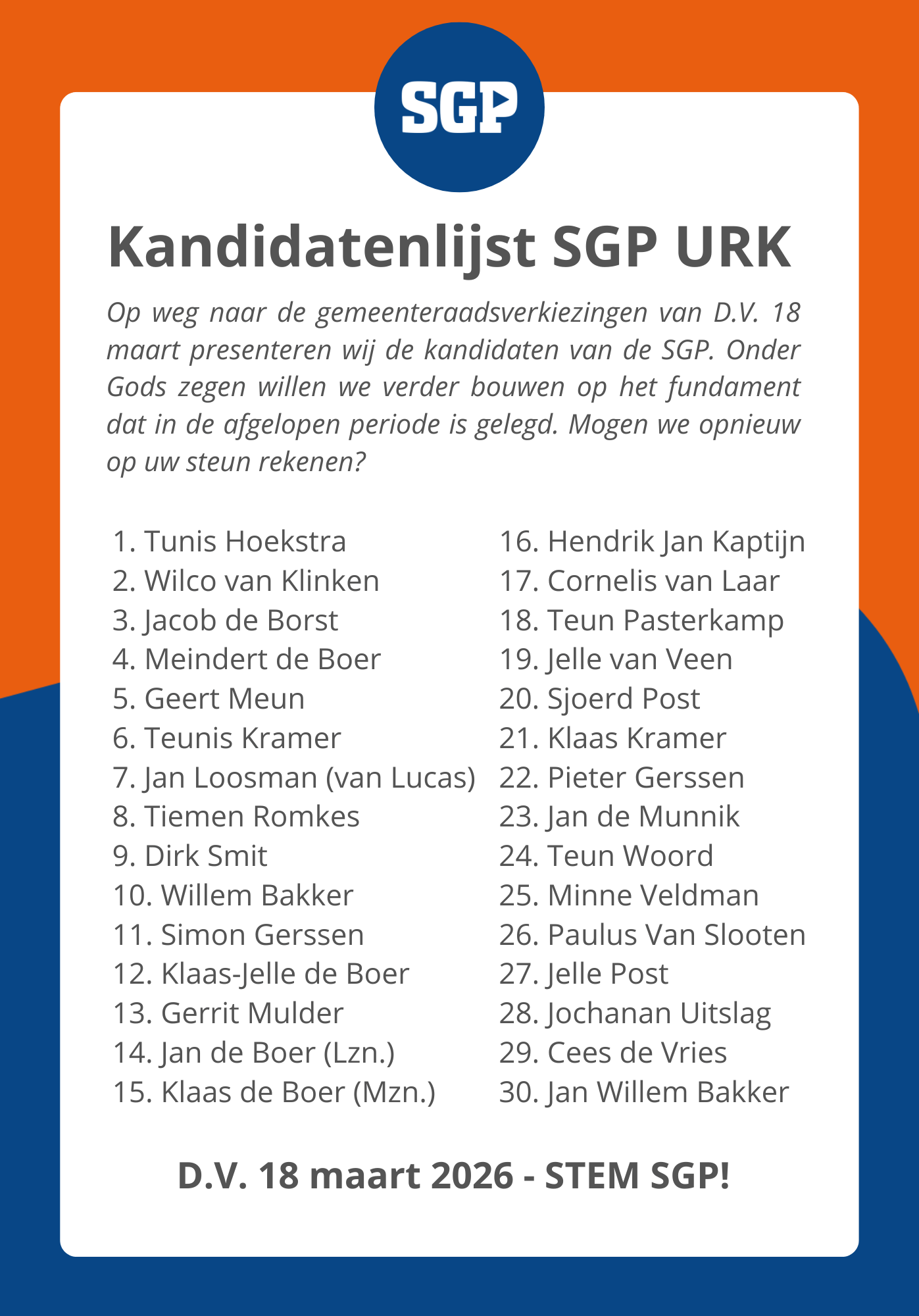 Kandidatenlijst SGP Urk voor de gemeenteraadsverkiezingen 2026